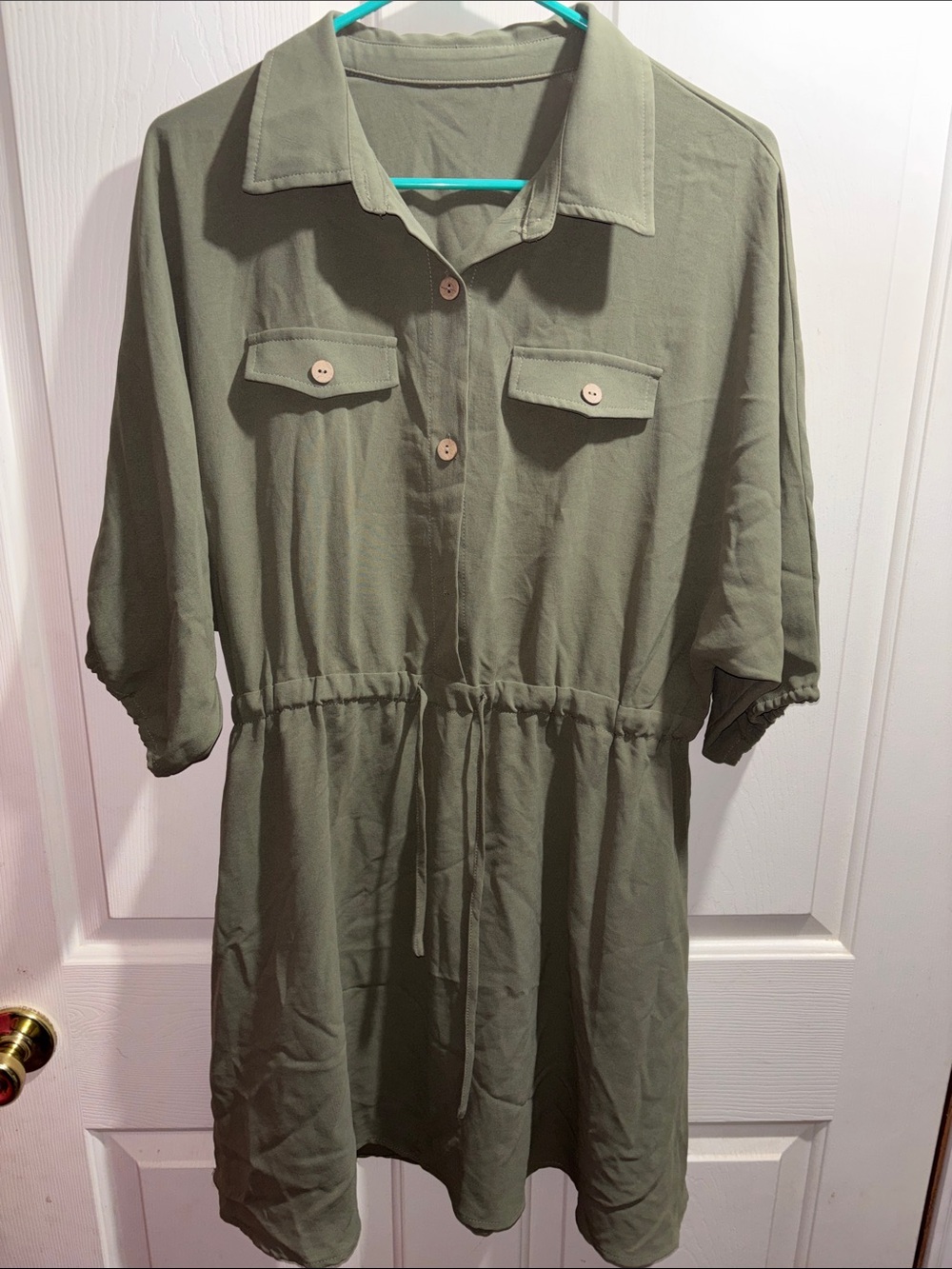 Women’s Army Green Button-Front Drawstring Shirt Dress | Size Large